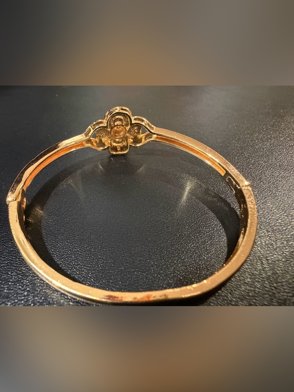 New Elegant Gold Floral Filigree Bangle Bracelet with Crystal Accents - Picture 3 of 5
